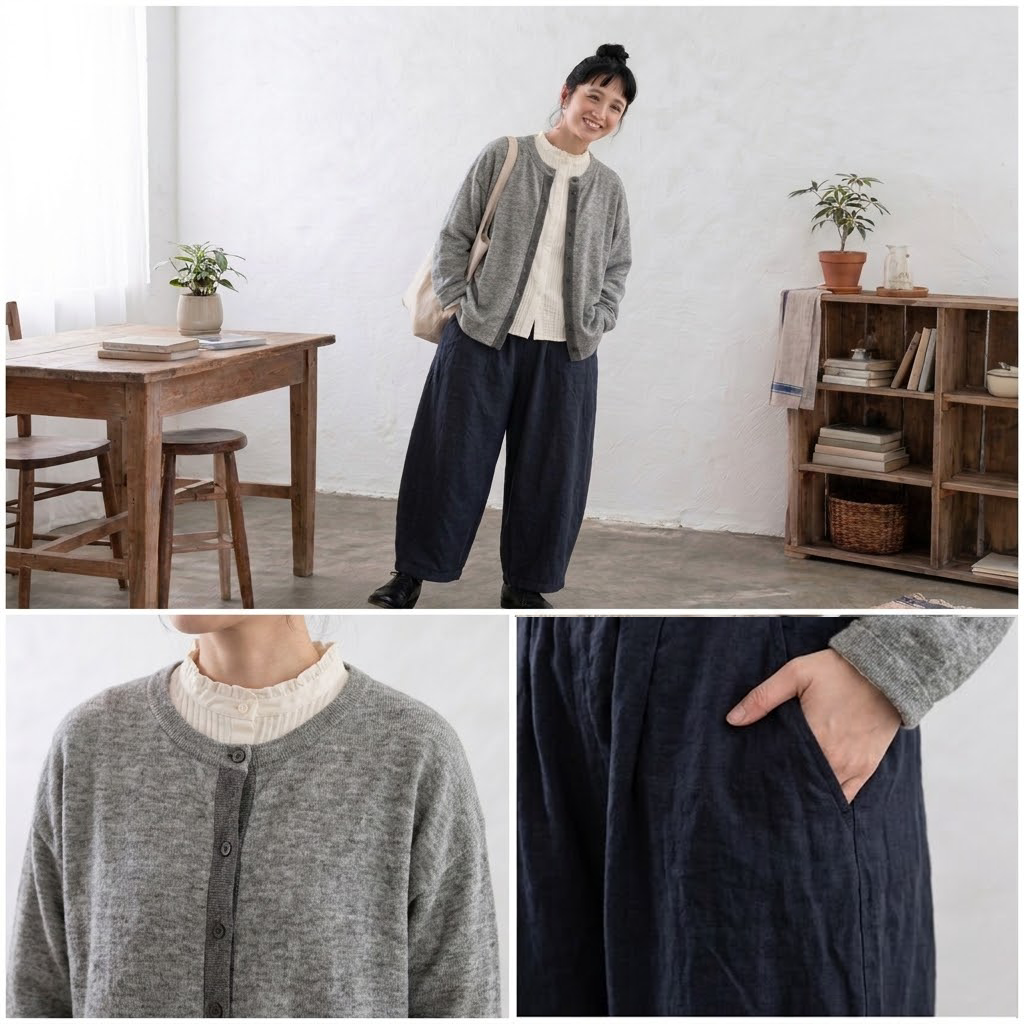 【再入荷予定】【2点セット】配色のひと工夫と、ゆるやかなコクーンライン。気負わず着られる大人のセットアップパンツセット M グレー/アウター＋ダークネイビー/パンツ/2点セット