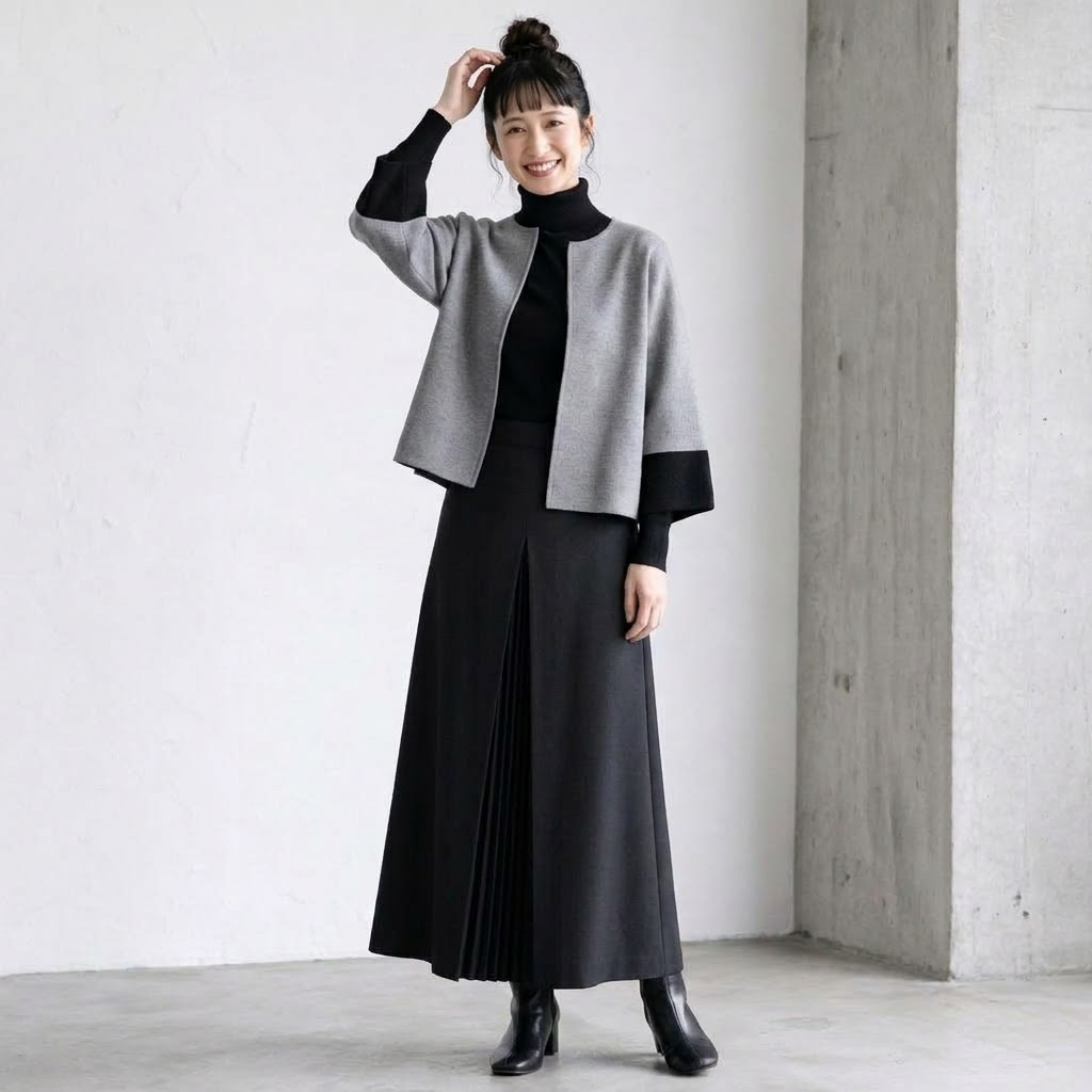 心までサッと包み込む。配色バイカラー ゆるシルエット ケープ ジャケット2点セット S グレー/ジャケット + ブラック/スカート【2点セット】