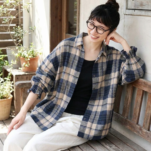 S-3XL 長袖 チェック柄 羽織ブラウス S 写真通り