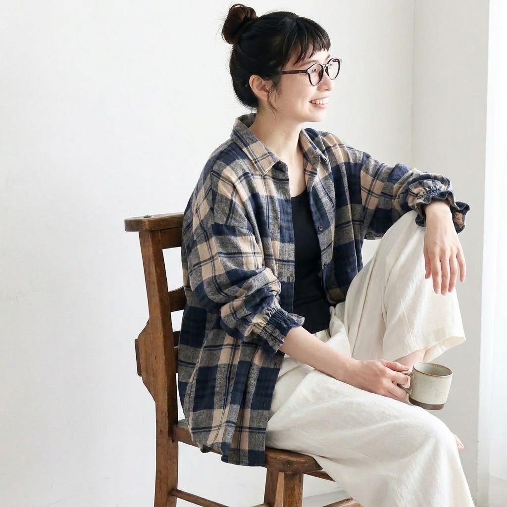 S-3XL 長袖 チェック柄 羽織ブラウス S 写真通り