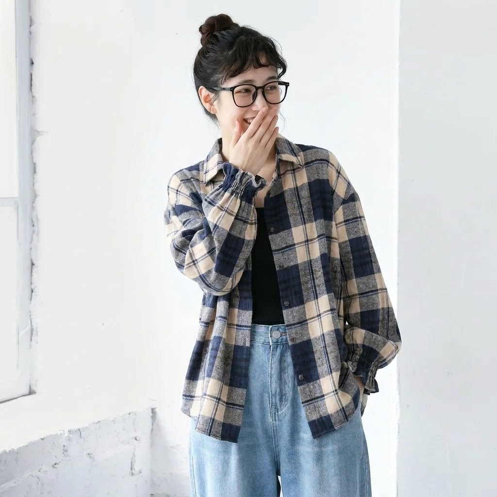 S-3XL 長袖 チェック柄 羽織ブラウス S 写真通り