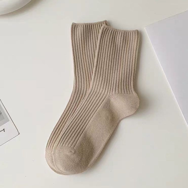 人気新品 合わせやすい 無地 ストライプ 女性用ソックス フリー ダークブラウン