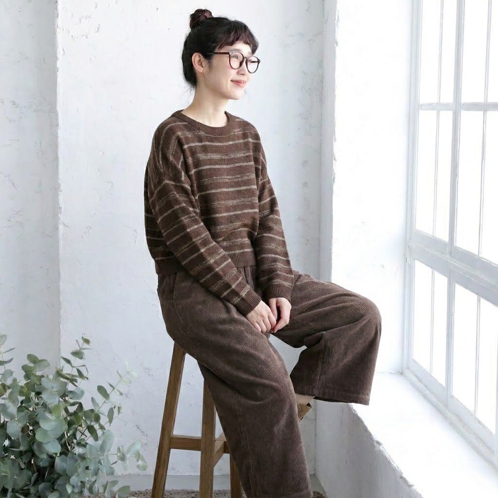 M-2XL 秋のおしゃれがまとまるセットアップ ニット+コーデュロイパンツ M スモーキーブラウン/ニット + ブラウン/パンツ【2件套】