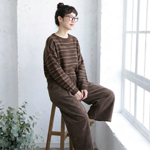 M-2XL 秋のおしゃれがまとまるセットアップ ニット+コーデュロイパンツ M スモーキーブラウン/ニット + ブラウン/パンツ【2件套】