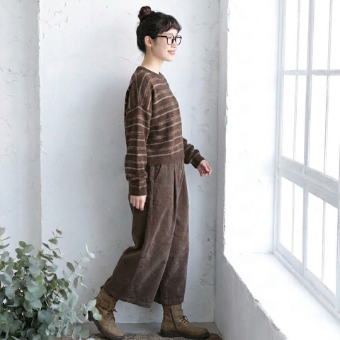 M-2XL 秋のおしゃれがまとまるセットアップ ニット+コーデュロイパンツ M スモーキーブラウン/ニット + ブラウン/パンツ【2件套】