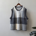 M-3XL ニット チェック柄 レトロ ベスト M グレー