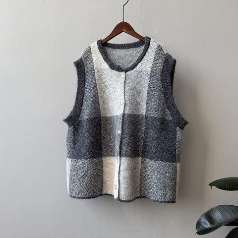 M-3XL ニット チェック柄 レトロ ベスト M グレー