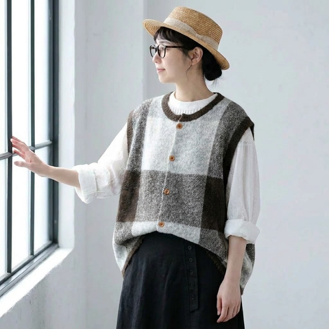M-3XL ニット チェック柄 レトロ ベスト M ブラウン