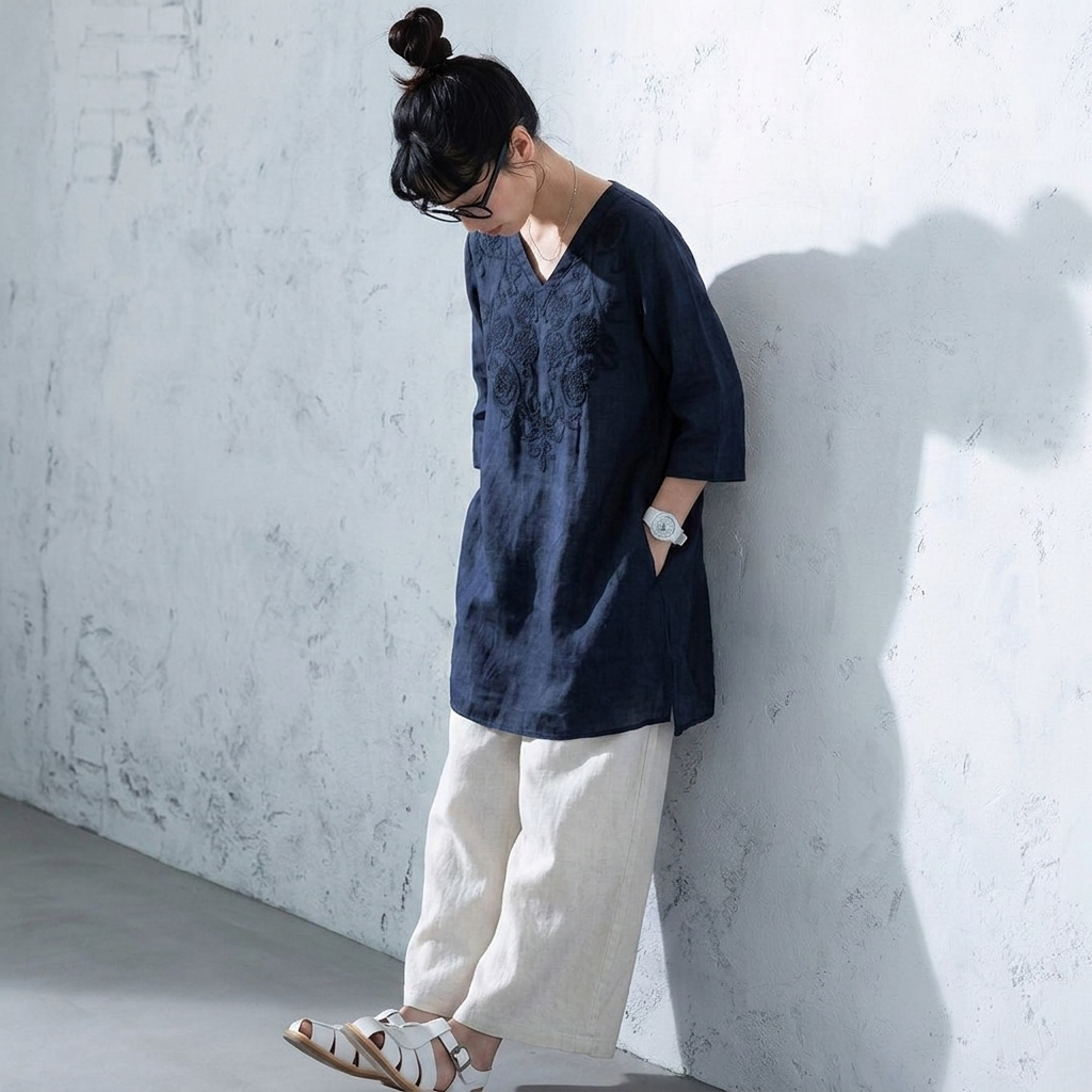 『大人が着たいアイテム』M-4XL 綿麻 刺繍 Vネック 半袖 ミディアム丈 カジュアル チュニック M ネイビー