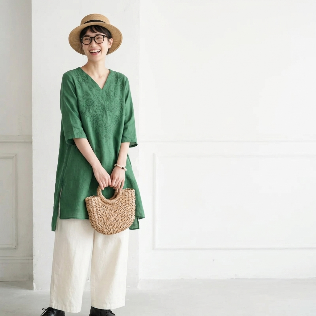 『大人が着たいアイテム』M-4XL 綿麻 刺繍 Vネック 半袖 ミディアム丈 カジュアル チュニック M グリーン