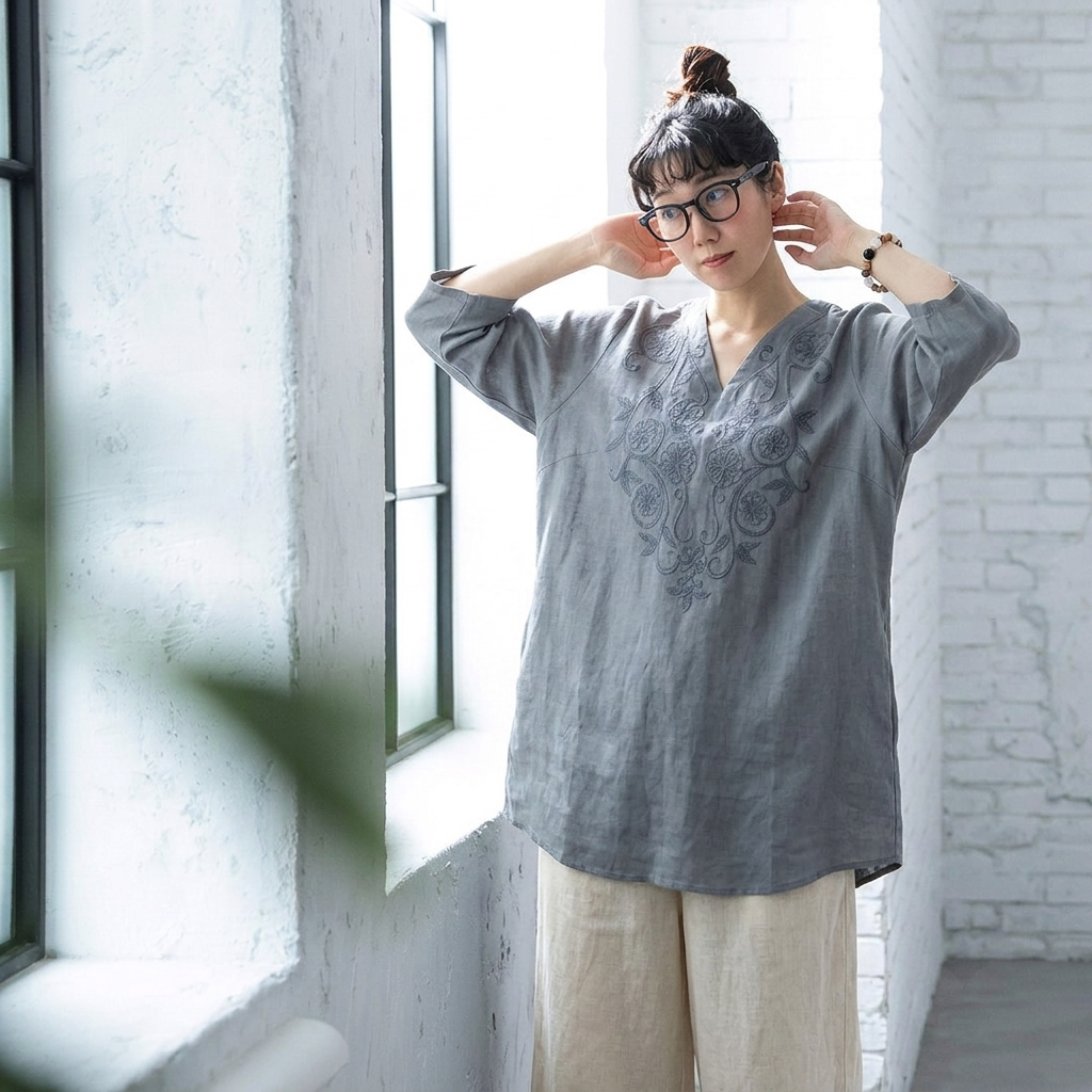 『大人が着たいアイテム』M-4XL 綿麻 刺繍 Vネック 半袖 ミディアム丈 カジュアル チュニック M ホワイト