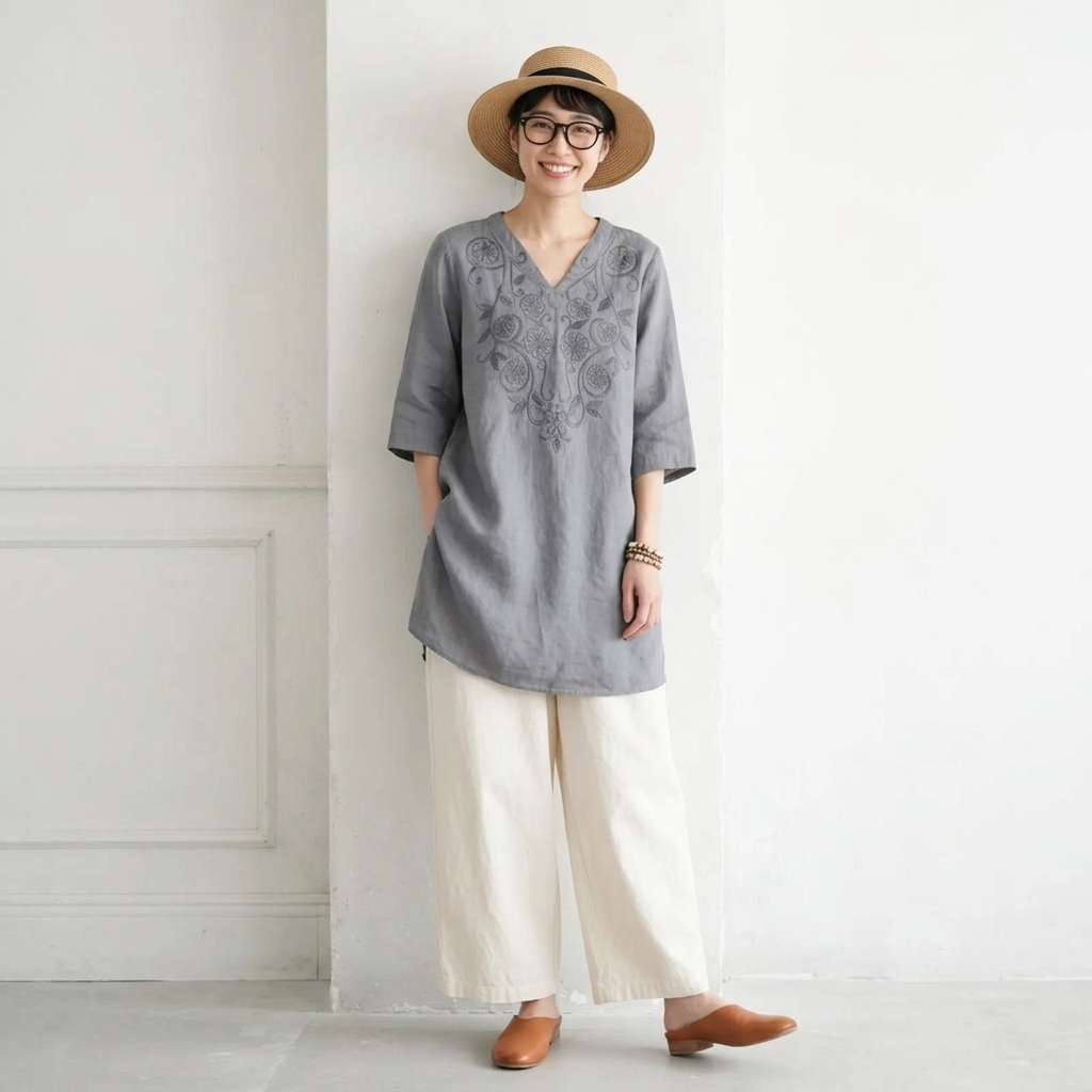 『大人が着たいアイテム』M-4XL 綿麻 刺繍 Vネック 半袖 ミディアム丈 カジュアル チュニック M ホワイト