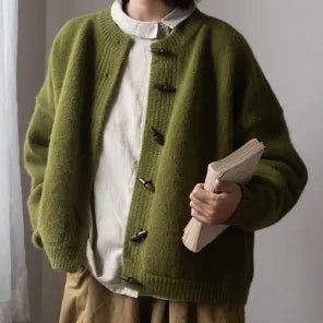 S-XL ラウンドネック シングルブレスト ナチュラル 無地 カーディガン S アーミーグリーン