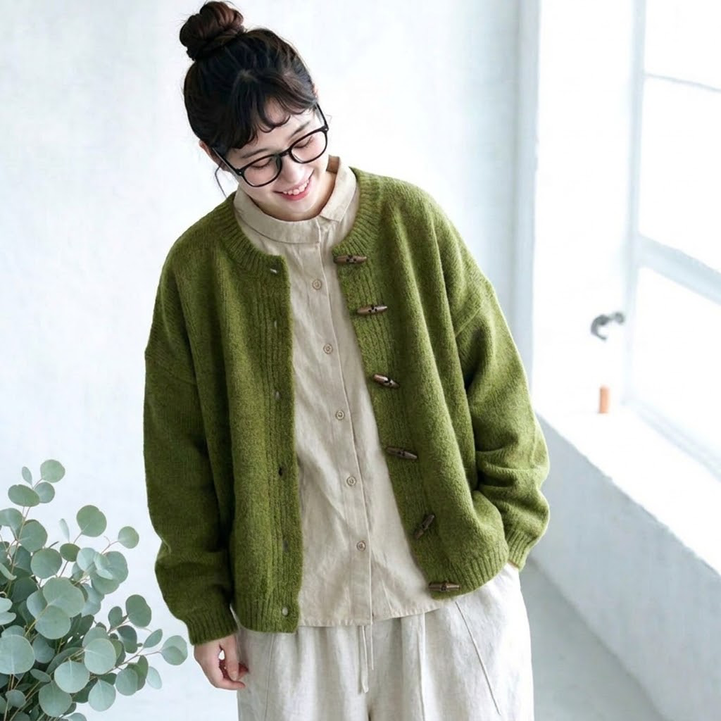 S-XL ラウンドネック シングルブレスト ナチュラル 無地 カーディガン S アーミーグリーン