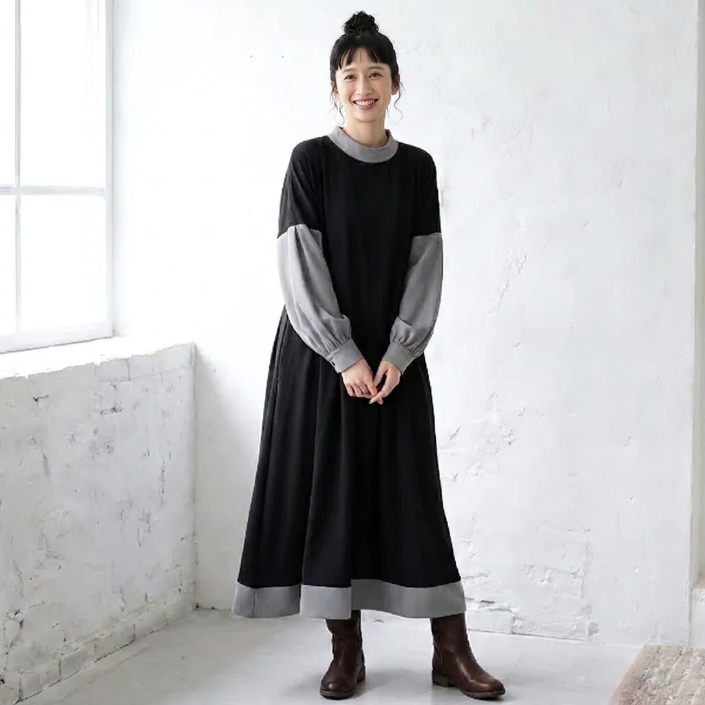 心までふんわり解ける。配色バイカラー ゆるシルエット 切替 ワンピース S ブラック