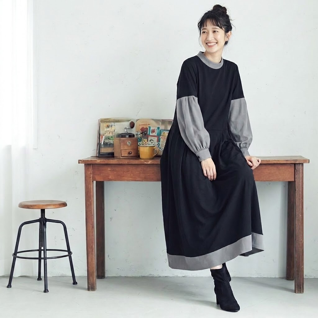 心までふんわり解ける。配色バイカラー ゆるシルエット 切替 ワンピース S ブラック