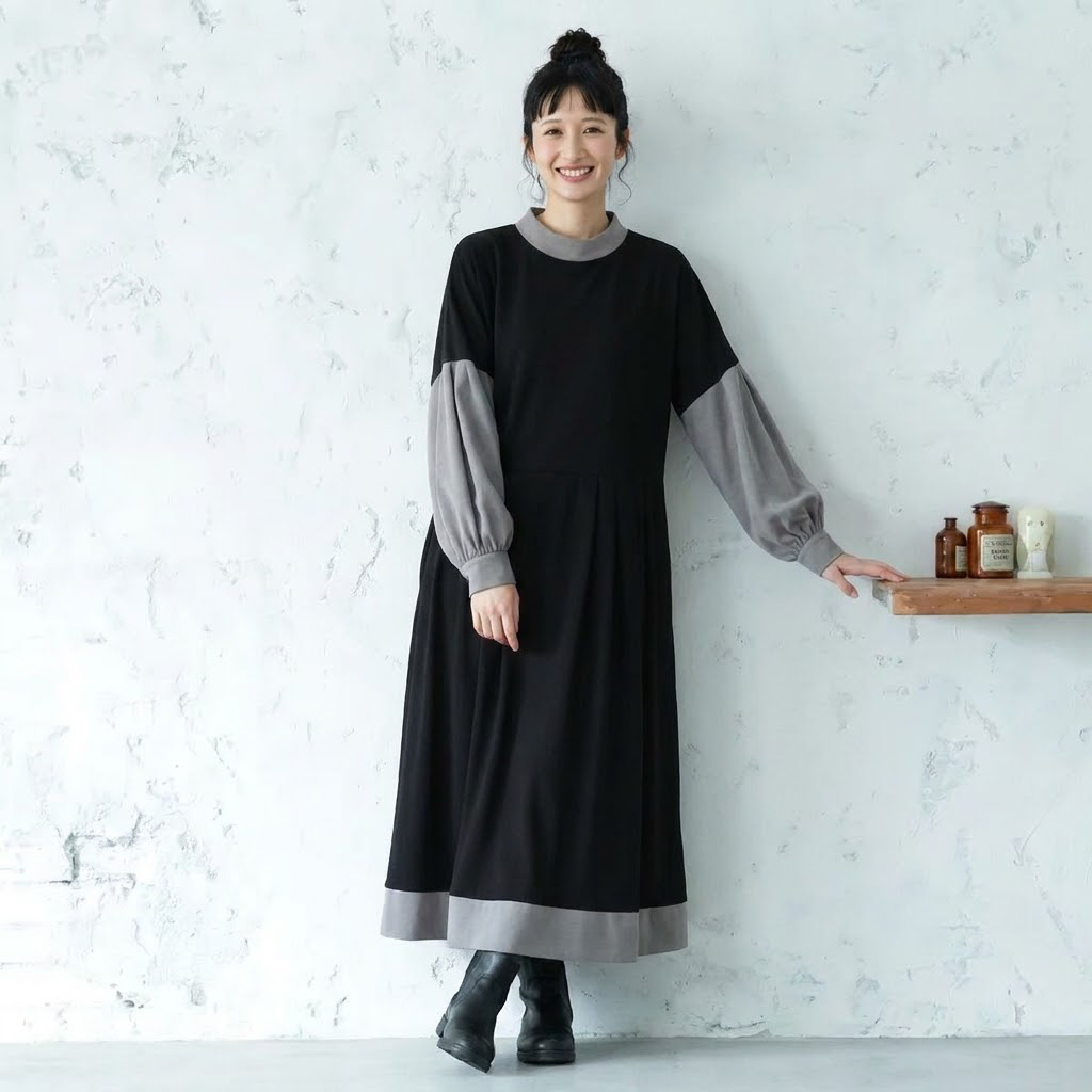 心までふんわり解ける。配色バイカラー ゆるシルエット 切替 ワンピース S ブラック