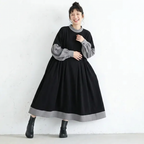 心までふんわり解ける。配色バイカラー ゆるシルエット 切替 ワンピース S ブラック