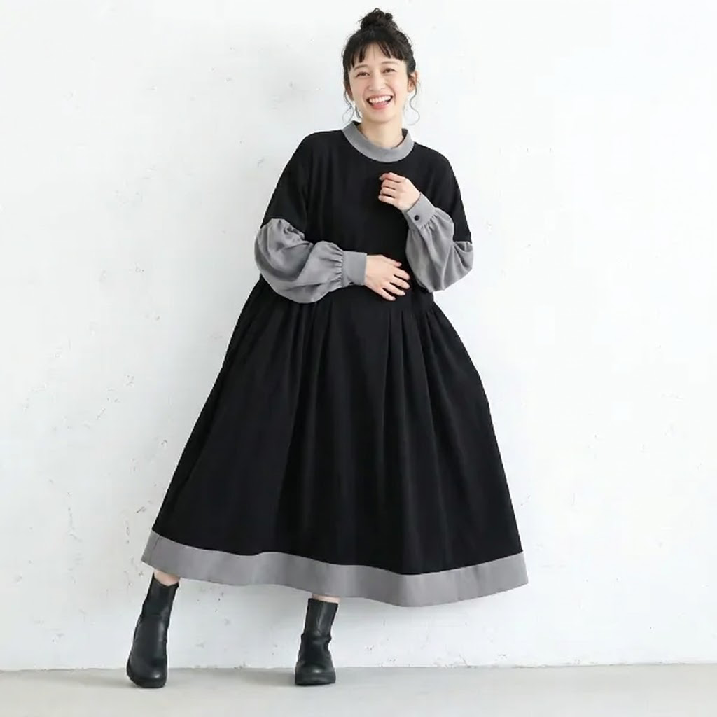 心までふんわり解ける。配色バイカラー ゆるシルエット 切替 ワンピース S ブラック