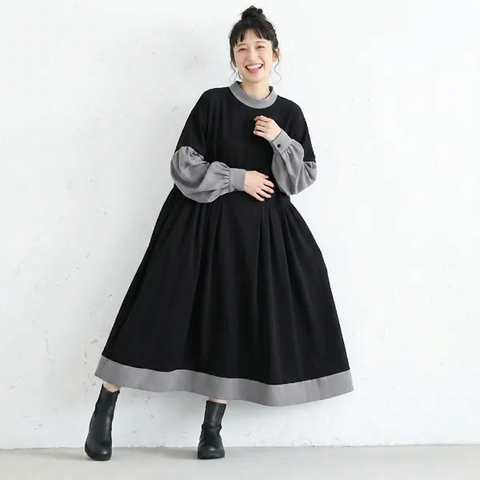 心までふんわり解ける。配色バイカラー ゆるシルエット 切替 ワンピース S ブラック