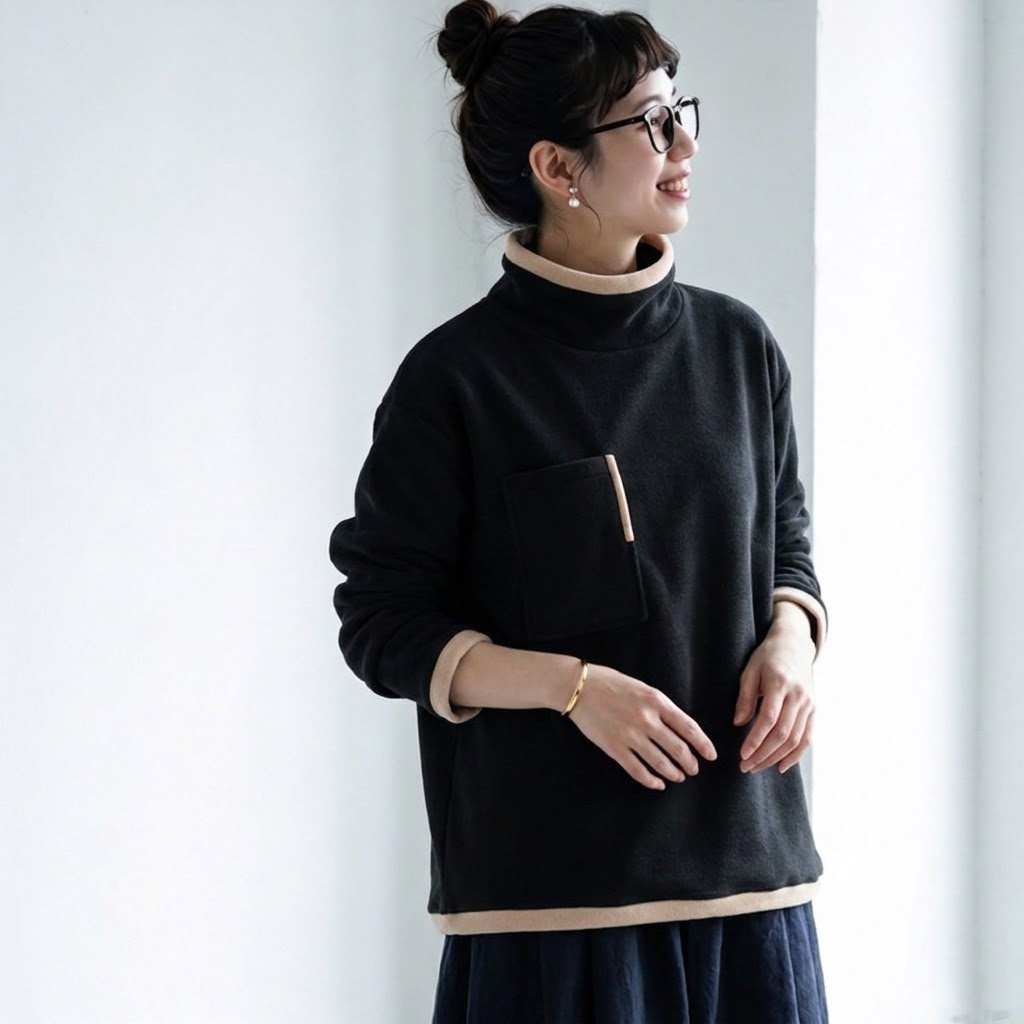 ブラックの胸ポケット付きトップスの襟元と裾の重ね着が見える着用イメージ