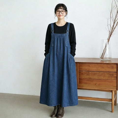 人気を獲得♡M-2XL ノースリーブ ポケット付き 無地 Aライン カジュアル デニムワンピース M ブルー