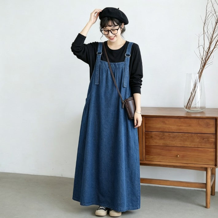 人気を獲得♡M-2XL ノースリーブ ポケット付き 無地 Aライン カジュアル デニムワンピース M ブルー