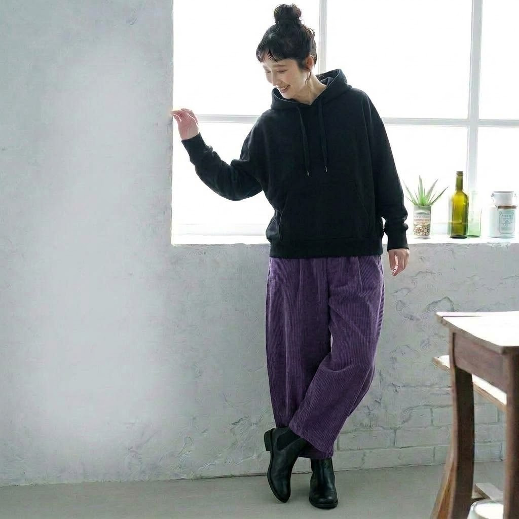 ウエストゴムで楽ちん、ルーズコーデュロイパンツ M パープル