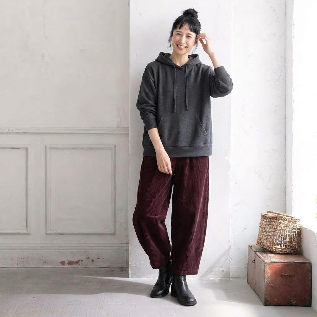ウエストゴムで楽ちん、ルーズコーデュロイパンツ M ワインレッド
