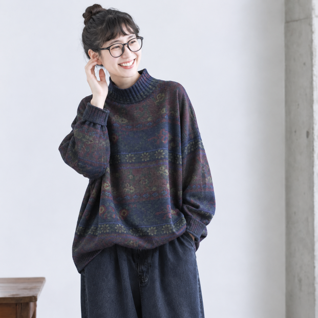 大流行新作フリーサイズ 長袖 プリント 植物 花柄 花模様 レトロ ニットセーター ハーフネック フリー ネイビー