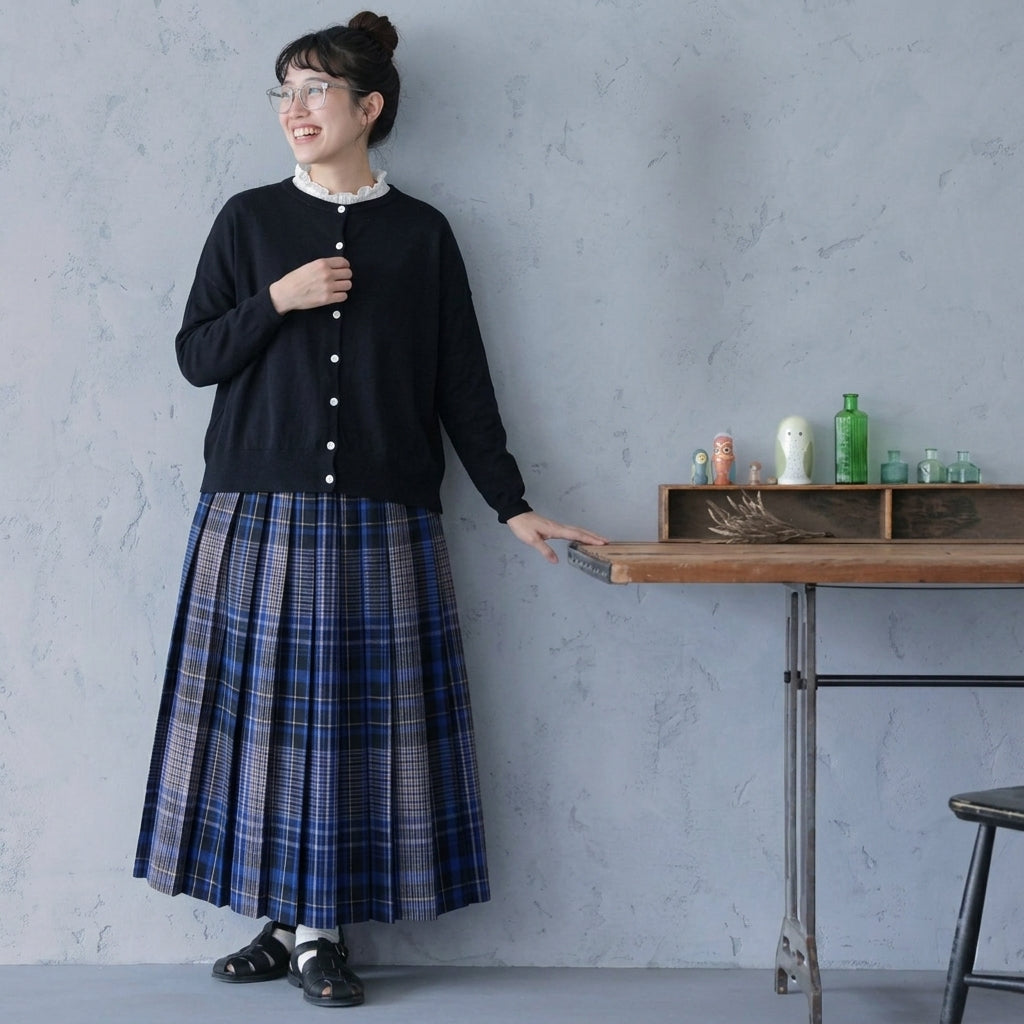 S-L 新登場 Aライン チェック柄 長袖 無地 ボタン ナチュラル カジュアルセット S ネイビー