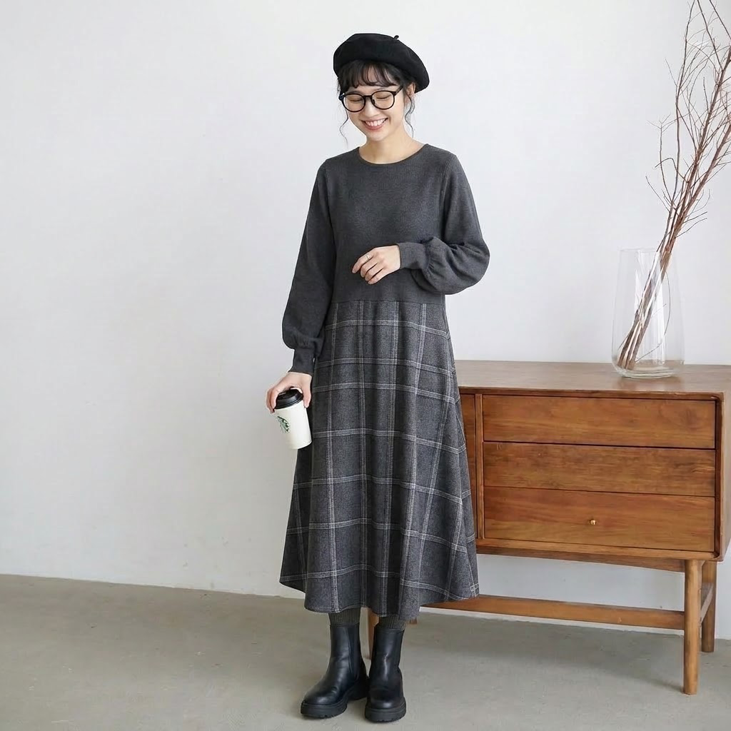M-L インスタで超人気 長袖 配色 チェック柄 切り替え ラウンドネック ファッション ワンピース M グレー