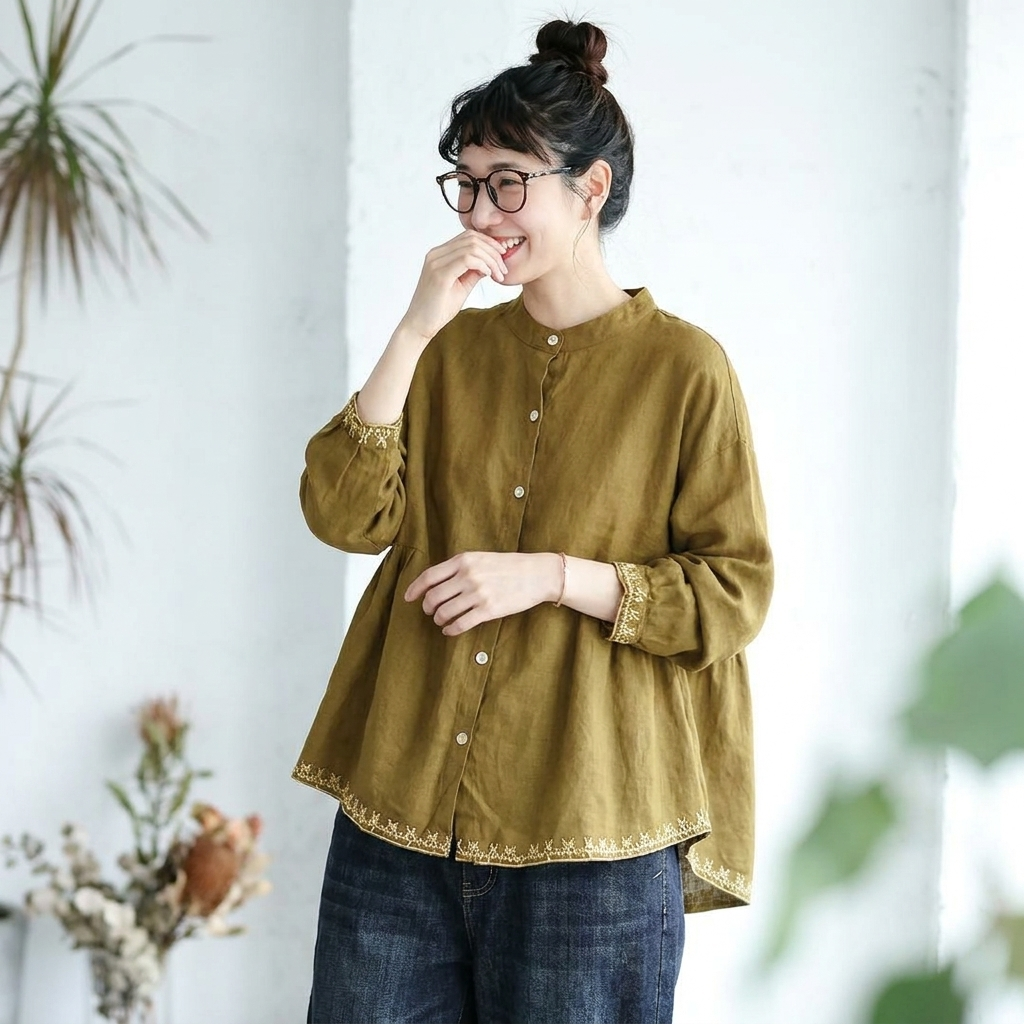 イエローの前ボタン長袖シャツの袖口と裾の刺繍が見える着用イメージ