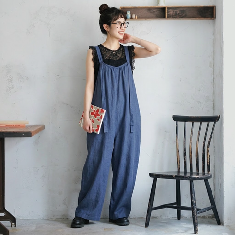 M-2XL 体型をカバー 無地 シンプル オーバーオール M ネイビー