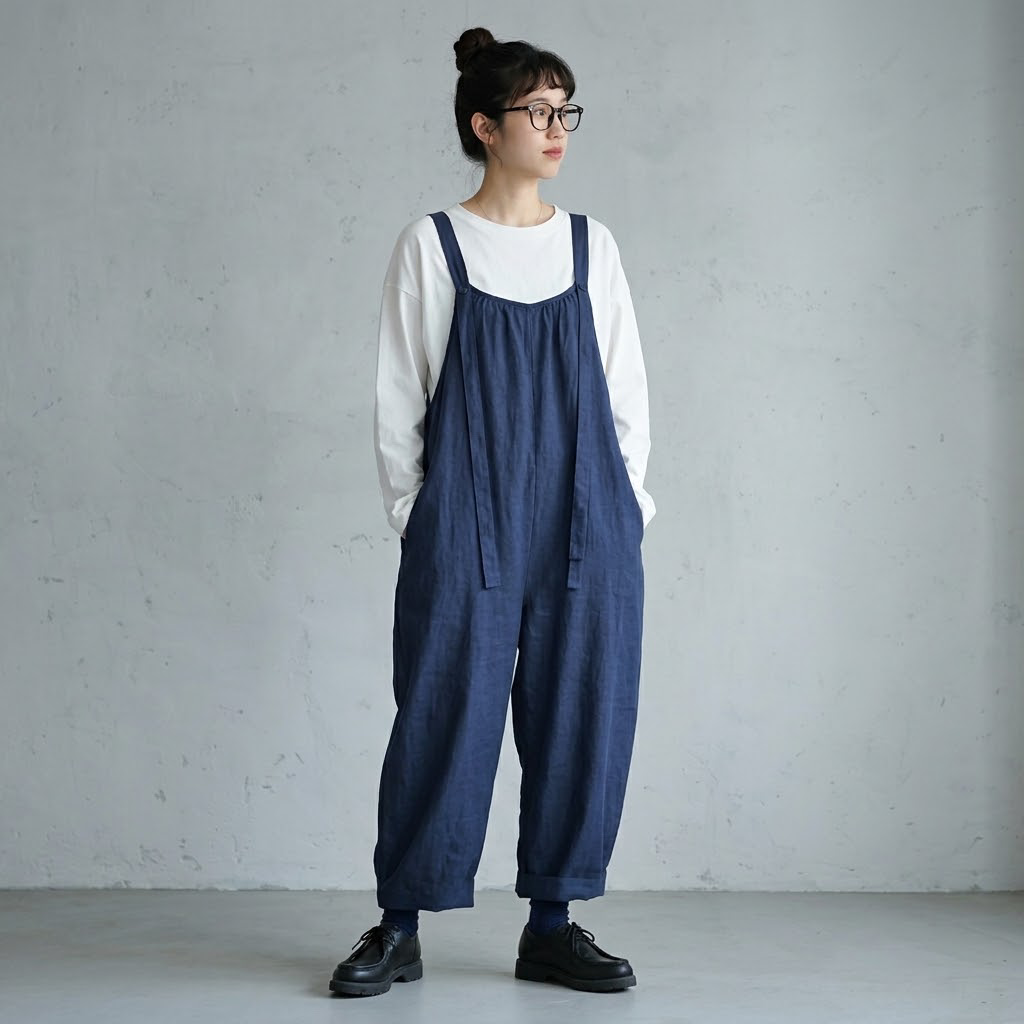 M-2XL 体型をカバー 無地 シンプル オーバーオール M ネイビー