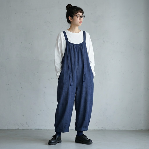 M-2XL 体型をカバー 無地 シンプル オーバーオール M ネイビー