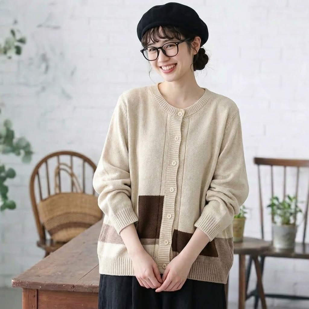「着回しのコツ」  長袖 幾何模様 配色 シングルブレスト 森ガール カーディガン フリー アプリコット