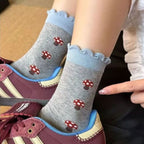女性に大人気 ボタニカル柄 切り替え プリント ソックス フリー ベージュ+ブラウン+グレー