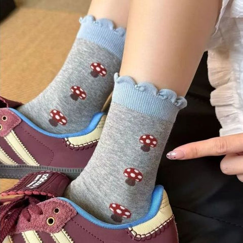女性に大人気 ボタニカル柄 切り替え プリント ソックス フリー ベージュ+ブラウン+グレー