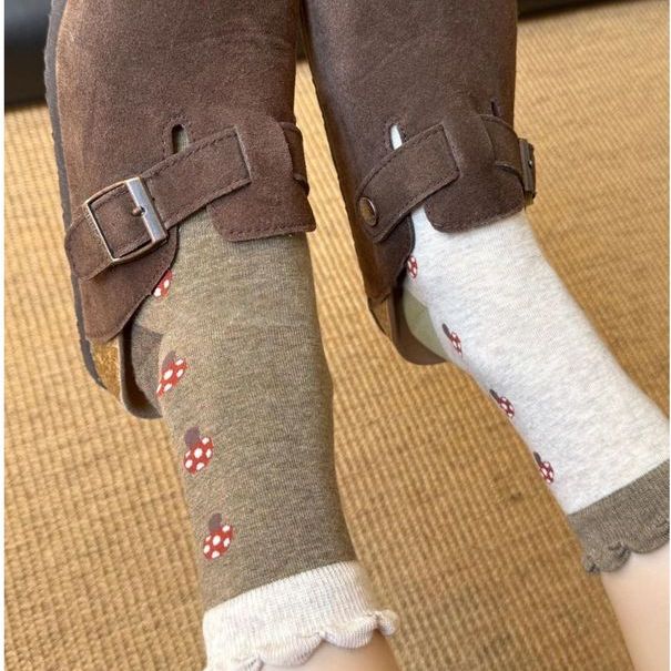 女性に大人気 ボタニカル柄 切り替え プリント ソックス フリー ベージュ+ブラウン+グレー
