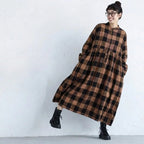 素朴な佇まい、ギャザーチェックワンピース M ブラック