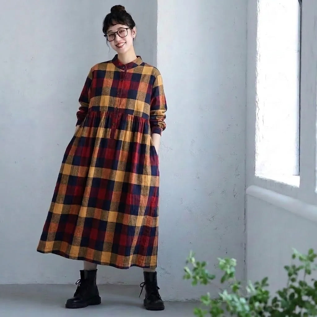 素朴な佇まい、ギャザーチェックワンピース M レッド