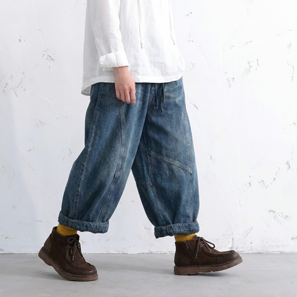 立体切り替え ウエスト紐付き バルーン  ジーンズ デニムパンツ M ブルー (裏起毛/厚手)