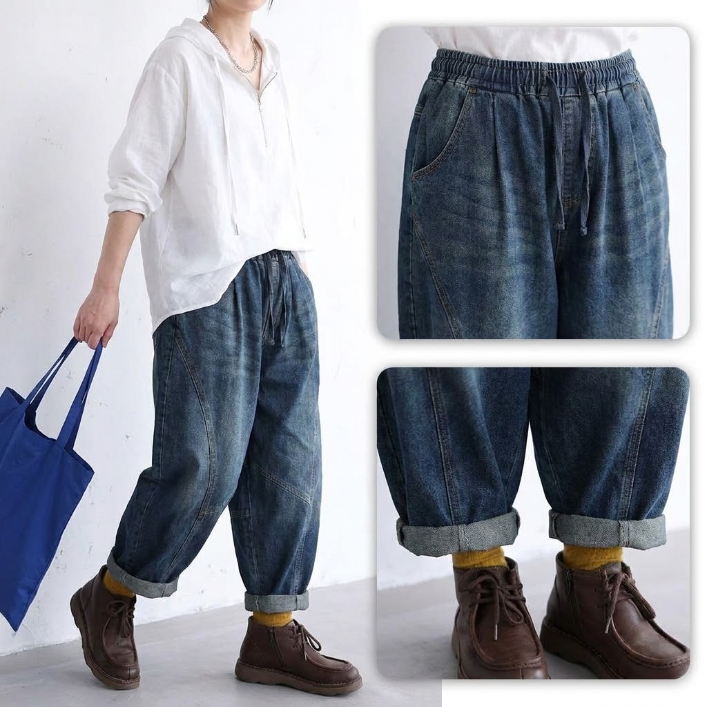 立体切り替え ウエスト紐付き バルーン  ジーンズ デニムパンツ M ブルー (裏起毛/厚手)
