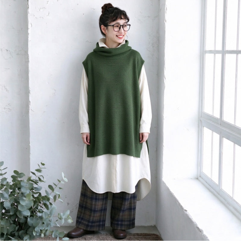 S-L ゆったり シャツワンピース+ロングニットベスト セットアップ S グリーンニット＋ホワイトワンピース