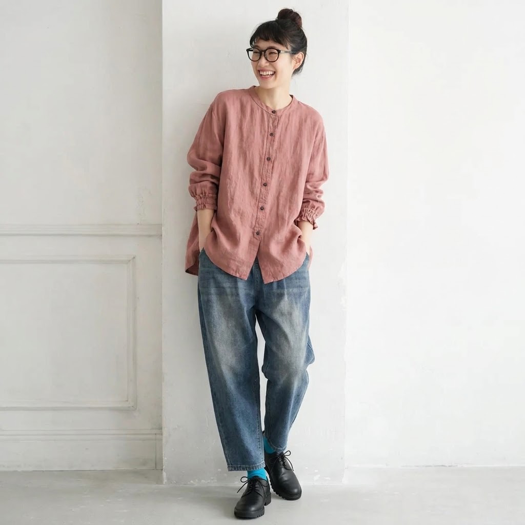 ダークピンクの長袖シャツとデニムパンツを合わせた全身コーディネート