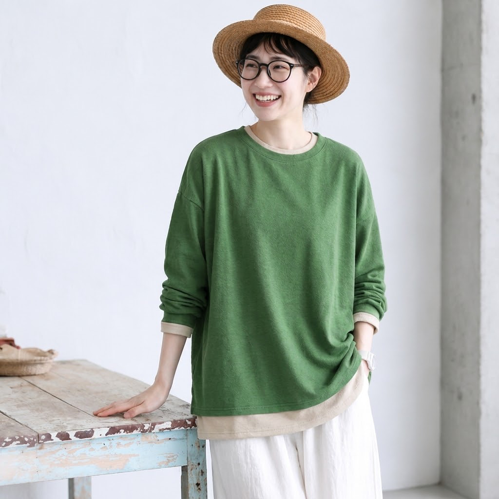 M-2XL なんだか好きな 重ね着風の抹茶ロンT M グレー