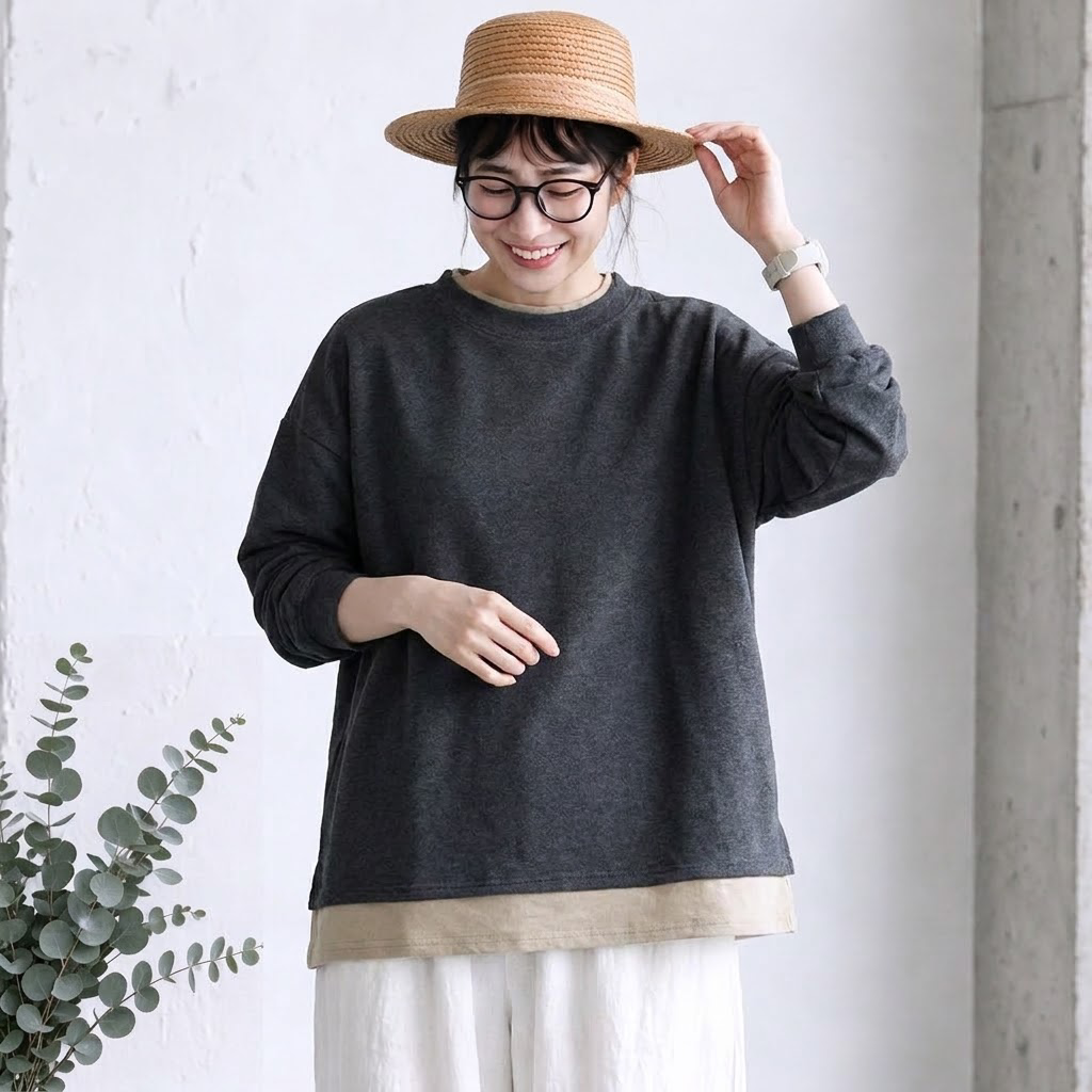 M-2XL なんだか好きな 重ね着風の抹茶ロンT M グレー