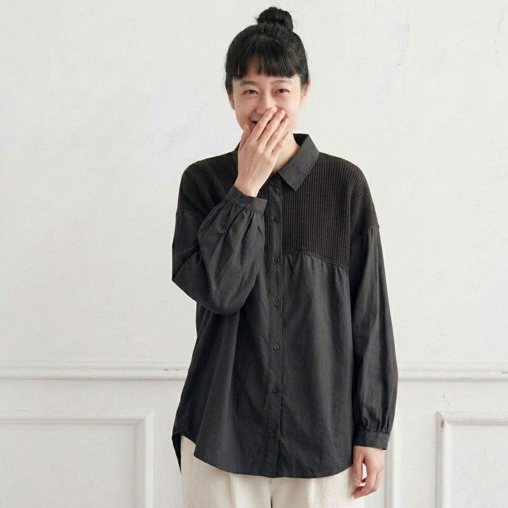 切り替えデザインが魅力、ゆったりシャツ M ブラック