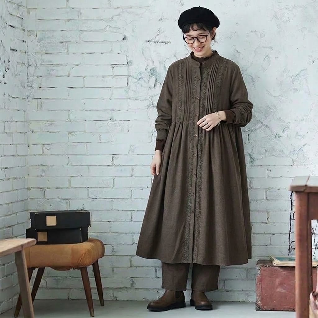 M-2XL 切り替え 無地 レース レトロ 長袖ワンピース M カーキグリーン
